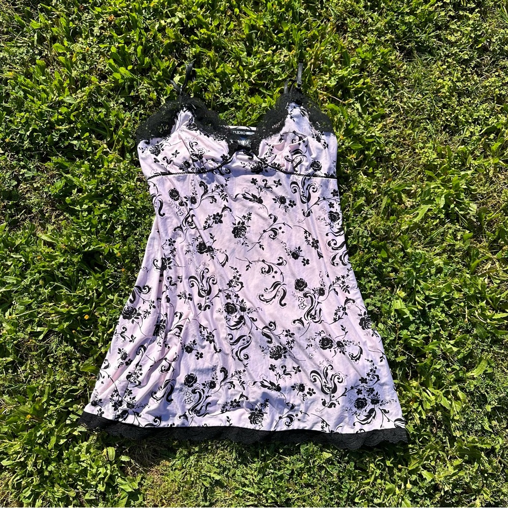 Pink and black slip dress with black lace trim - size L